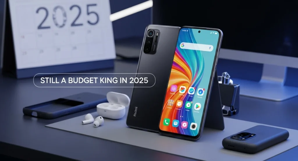 Redmi Note 8 Pro smartphone on a modern desk with accessories and a 2025 calendar in the background, highlighting its continued value as a budget phone.
