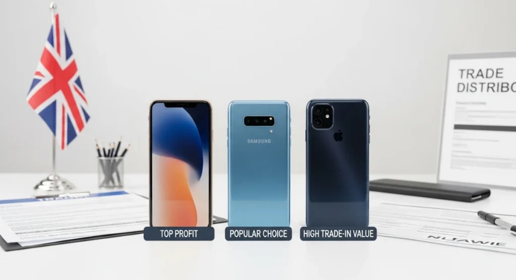 Apple, Samsung, and Huawei smartphones displayed for UK distributors with pricing and trade paperwork in a professional setting.