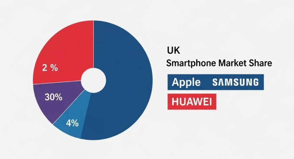 "UK smartphone market share comparison for Apple, Samsung, and Huawei in 2025."