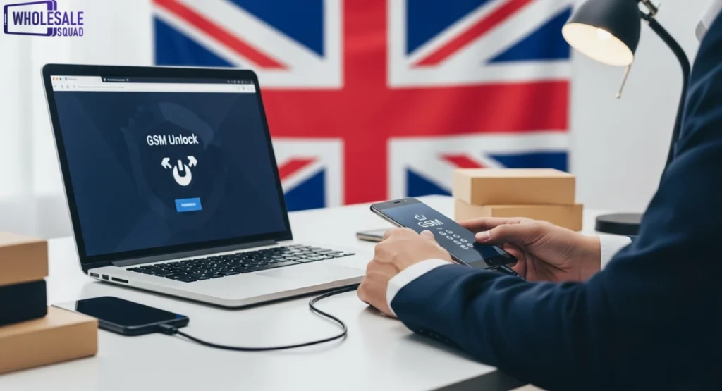 UK reseller unlocking a smartphone using software tools at a desk with British flag and phone inventory in background.