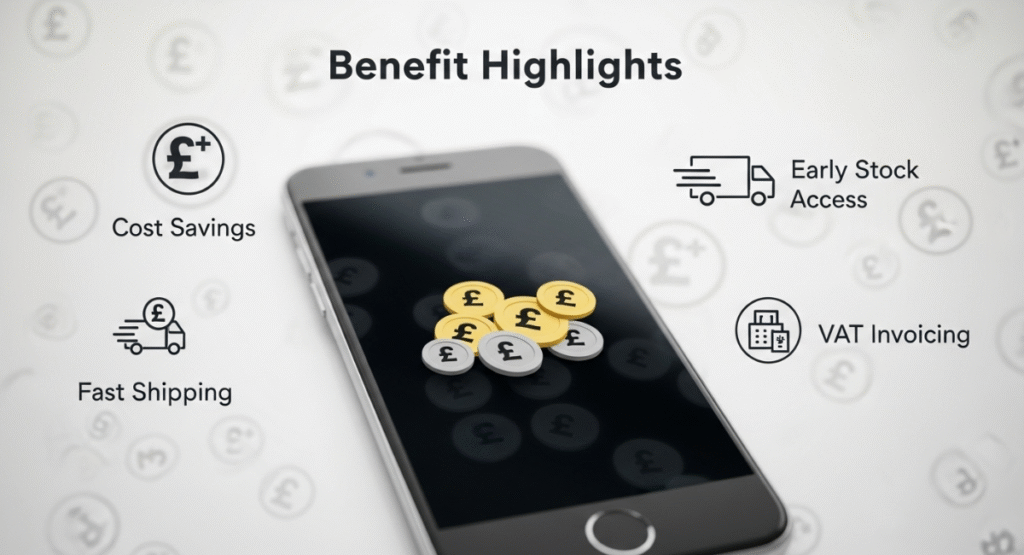 Benefits of buying smartphones wholesale in the UK: savings, delivery, early models, and VAT support.