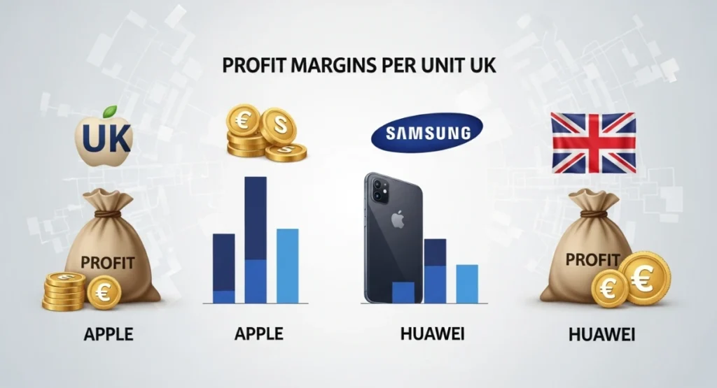 Profit margin comparison chart for Apple, Samsung, and Huawei smartphones in the UK.