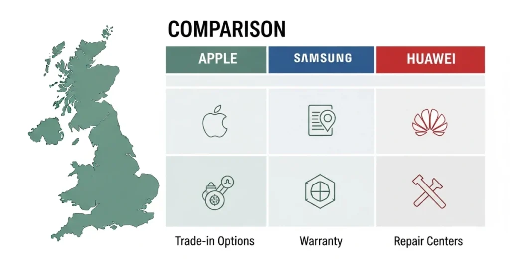 Comparison of after-sale support and trade-in services for Apple, Samsung, and Huawei in the UK.