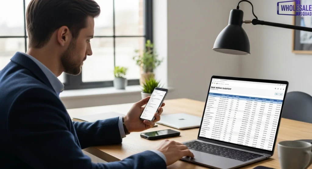 UK entrepreneur starting a mobile phone reseller business in 2025 with phones, laptop, and packaging.

