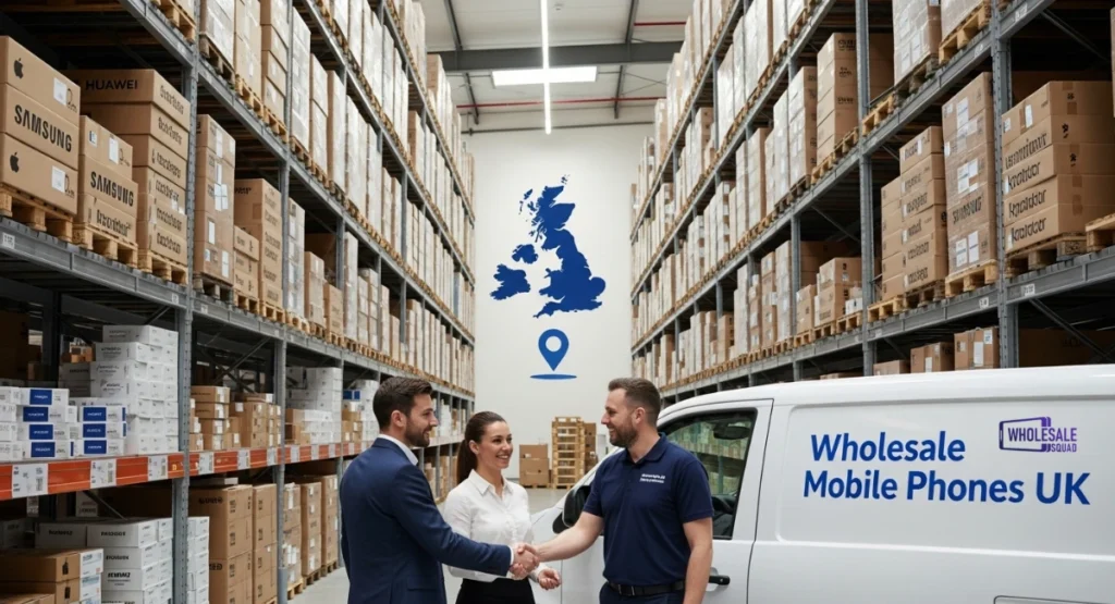 B2B mobile phone supplier warehouse in the UK with professionals closing a wholesale deal.