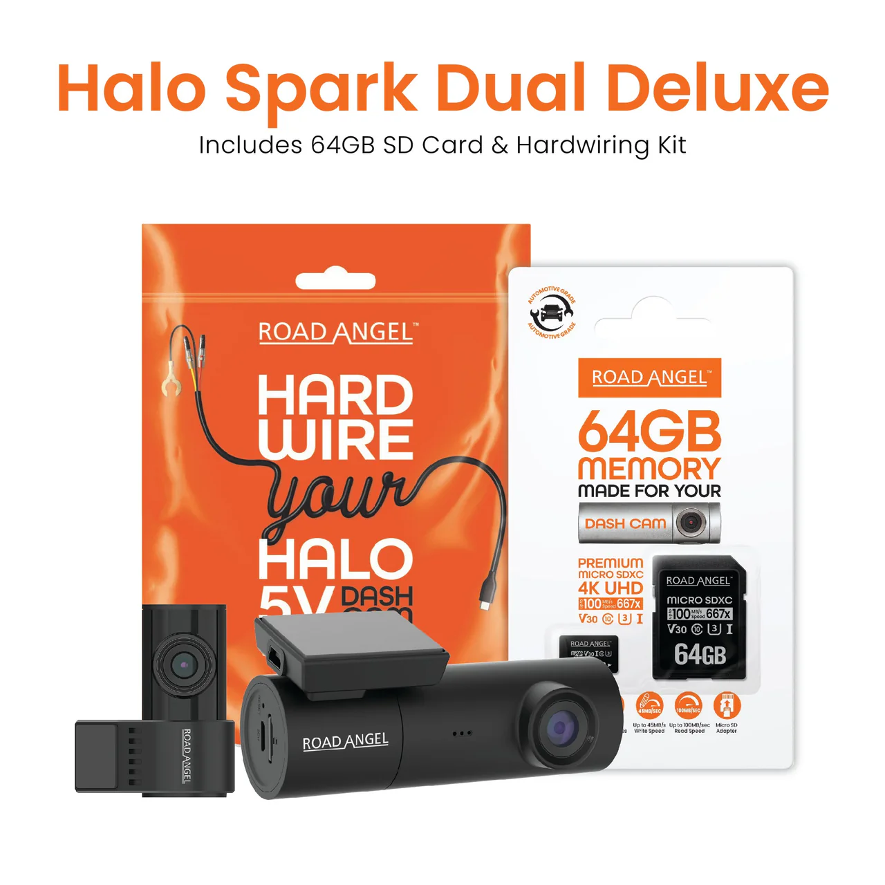Road Angel Halo Spark Dual OBD Deluxe Full HD Front & Rear Dash Camera Bundle with OBD Hardwire Kit & 64GB SD Card