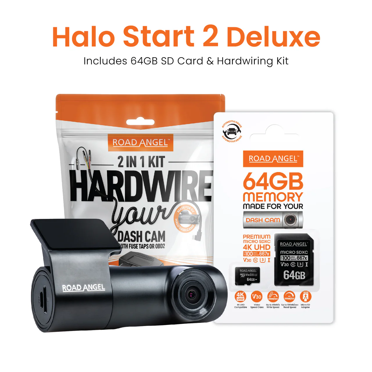 Road Angel Halo Start 2 OBD Deluxe 1080p Full HD Dash Cam Bundle with 64GB SD Card & Hardwire Kit